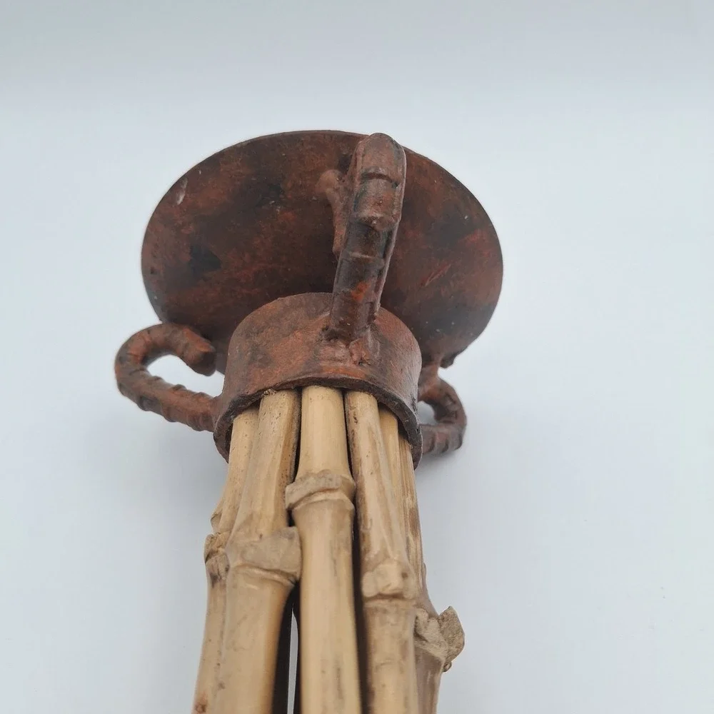 Rustic Metal Candleholder Bamboo Contrast Accent Three Legged Patina Rugged 7 In